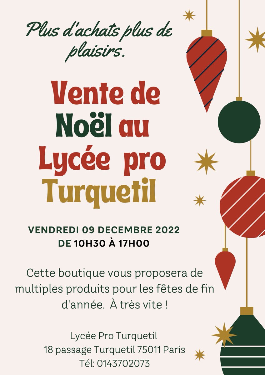 Le lycée est heureux de vous accueillir ce vendredi 09 decembre à sa traditionnelle vente de Noel. 
Notre boutique sera ouverte de 10:30 à 17:00 😍