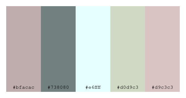ColPaletteBot's tweet photo. Beep beep, here's a pretty color palette for you!
color-scheme.js parameters used:
- hue: 0
- variation: pale
- colors: #bfacac, #738080, #e6ffff, #d0d9c3, #d9c3c3
Have a lovely evening!
#twitterbot #colorpalette #colors #palette #prettycolors https://t.co/ozWrrCKuhT