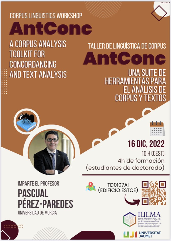 📊💻 Taller práctico presencial de Lingüística de Corpus sobre AntConc: “A Corpus analysis toolkit for concordancing and text analysis” impartido por el profesor Pascual Pérez Paredes (<a href="/perezparedes/">Prof Pascual Pérez-Paredes 🇪🇺 🇭🇰</a>)

📅 16 diciembre 2022
🕙 10 horas
📍Edificio ESTCE (<a href="/UJIuniversitat/">Universitat Jaume I</a> <a href="/ESTCE_UJI/">ESTCE-UJI</a>)