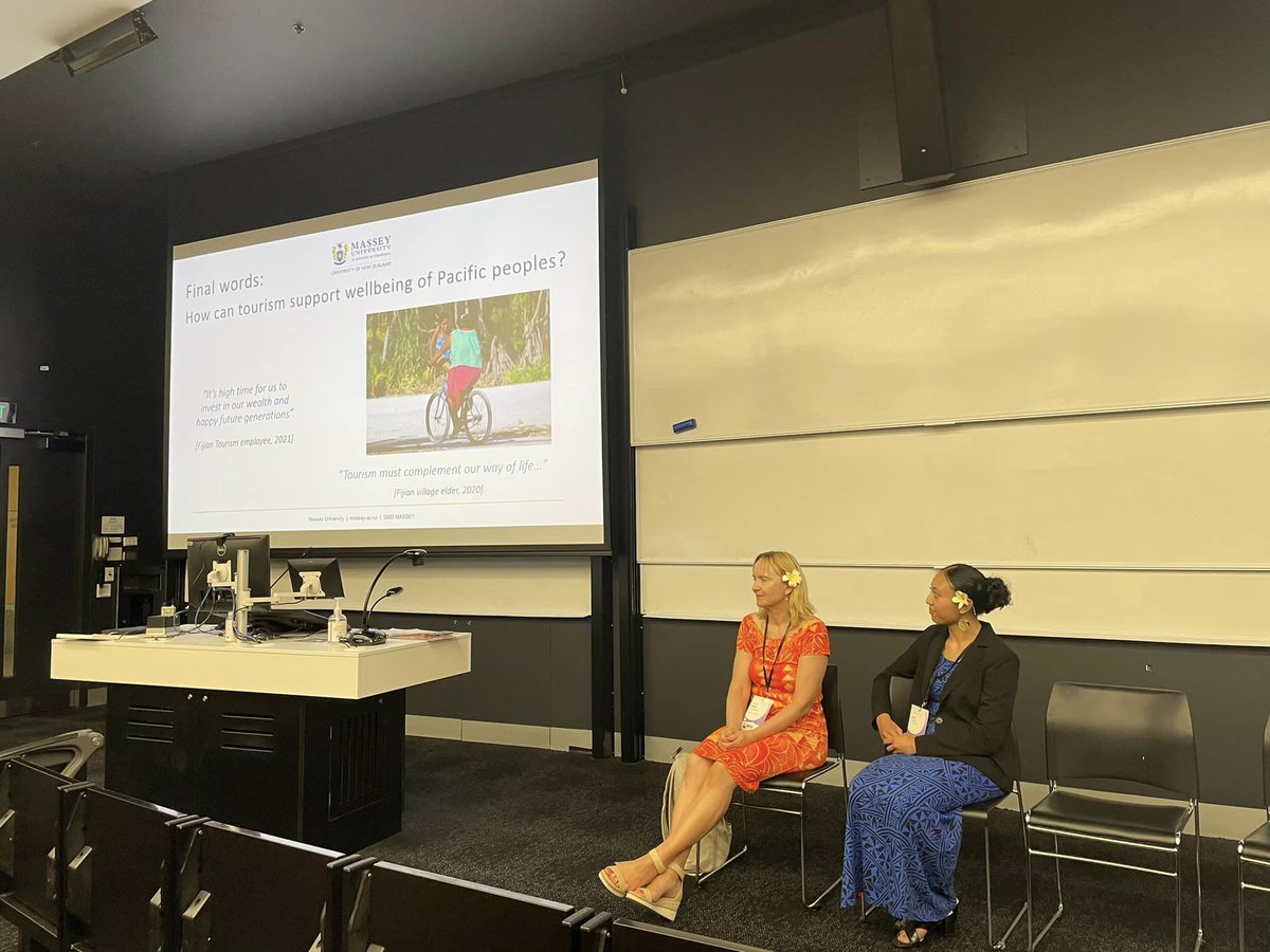 IDS_Massey's tweet photo. Big questions asked by @ReginaNZ1, summer scholar Leilani Faaiuaso &amp; @FijiApi at #DevNet2022 as to how we can reimagine tourism in the Pacific so that it complements Pacific peoples lives? Well done especially to Leilani for a stunning contribution! https://t.co/2qrxZkijE3