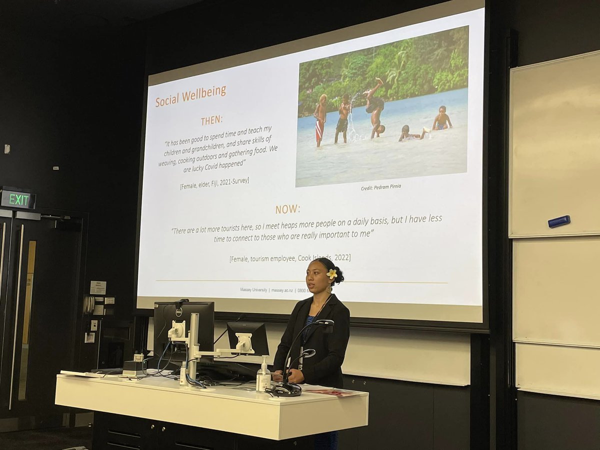 Big questions asked by @ReginaNZ1, summer scholar Leilani Faaiuaso &amp; <a href="/FijiApi/">Apisalome Movono</a> at #DevNet2022 as to how we can reimagine tourism in the Pacific so that it complements Pacific peoples lives? Well done especially to Leilani for a stunning contribution!