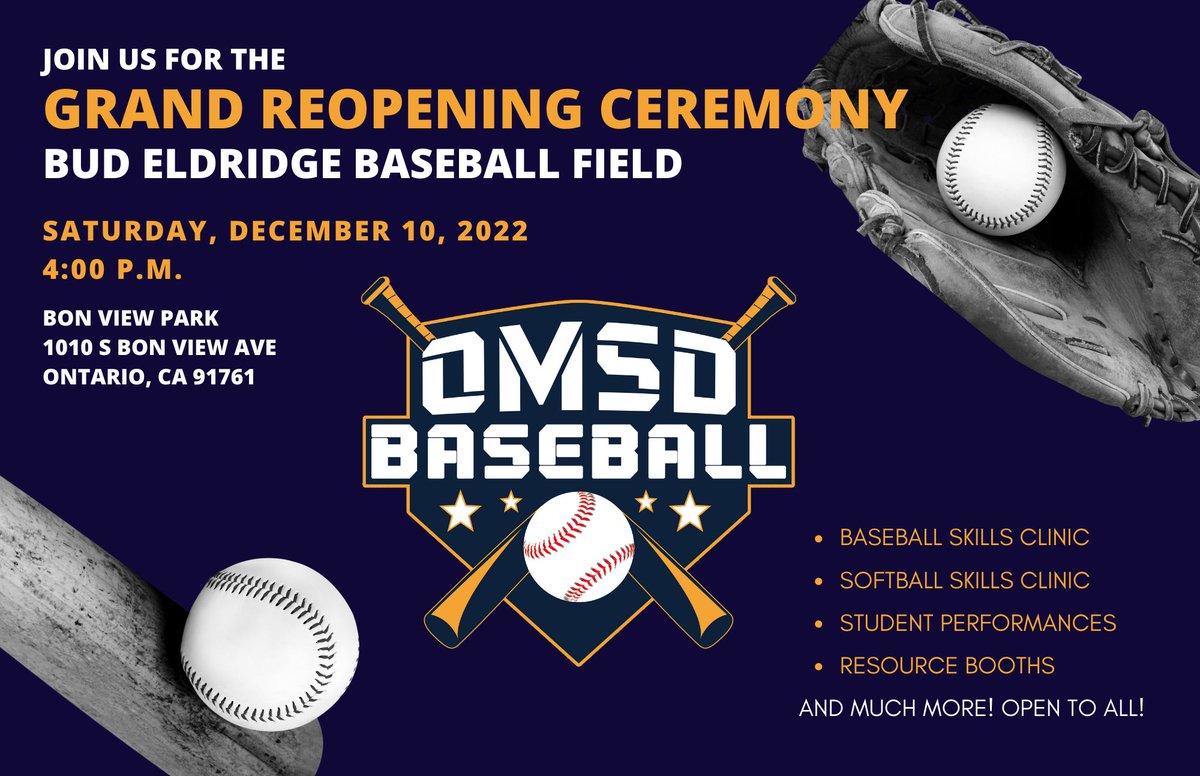 OMSD is proud join with the City of Ontario at the grand reopening ceremonies for Bud Eldridge Field. We invite our entire OMSD community to join us on Saturday 12/10 at 4:00pm. School Bands, Dance Team and Skills Clinics will be part of the Reopening Ceremonies.