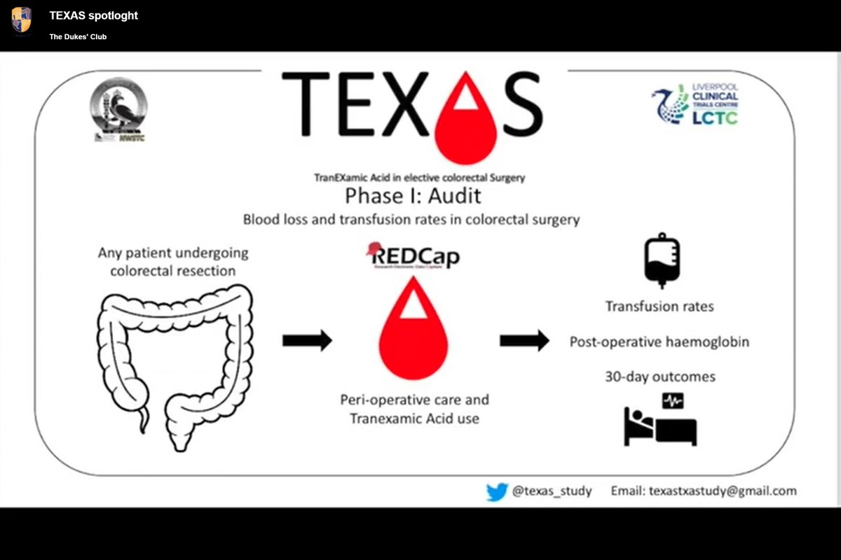 The Dukes' Club (@dukes_club) on Twitter photo 📺bit.ly/Texas_study
📣 Introducing the Dukes’ Club Spotlight on Research series.
📌First up is the <a href="/texas_study/">TEXAS Study</a> investigating the use of tranexamic acid in elective #colorectalsurgery.
🗣 Q&A with <a href="/Ed_Dickson/">Ed Dickson</a> and study leads <a href="/Jen_L17/">Jennifer Law</a> <a href="/fowler_hayles/">Hayley fowler</a> 📺bit.ly/Texas_study
📣 Introducing the Dukes’ Club Spotlight on Research series.
📌First up is the <a href="/texas_study/">TEXAS Study</a> investigating the use of tranexamic acid in elective #colorectalsurgery.
🗣 Q&A with <a href="/Ed_Dickson/">Ed Dickson</a> and study leads <a href="/Jen_L17/">Jennifer Law</a> <a href="/fowler_hayles/">Hayley fowler</a>