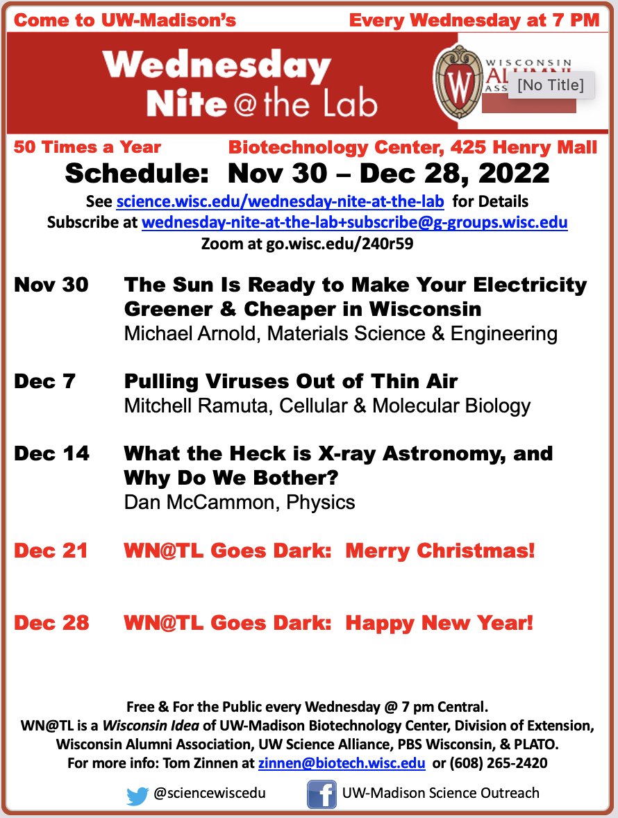 sciencewiscedu's tweet photo. "Pulling Viruses Out of Thin Air"

In a time of deadly airborne viruses, an exquisite approach to detecting the nasties. 

Mitchell Ramuta of @dho_lab @uwsmph &amp; @CMB_UWMadison speaks 12/7 @ 7pm CT @WedNiteAtTheLab 

Room 1111 @UWBiotechCenter or
Zoom https://t.co/VpVBgETK2H https://t.co/LpnXCAYvKv
