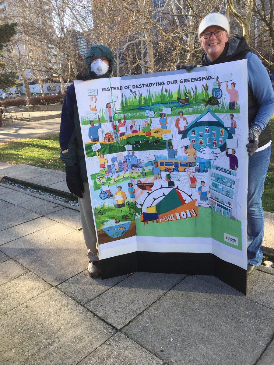 CoCHamont's tweet photo. Hamilton CoC Chapter members display the beautiful collage Christie McNabb (in white hat) made for the Mega #HandsOffTheGreenbelt Rally in Hamilton on December 4. It portrays the flow between human communities and the natural world. #StopSprawlHamont #RepealBill23 #TogetherWeCan https://t.co/qx3BMyt4eV