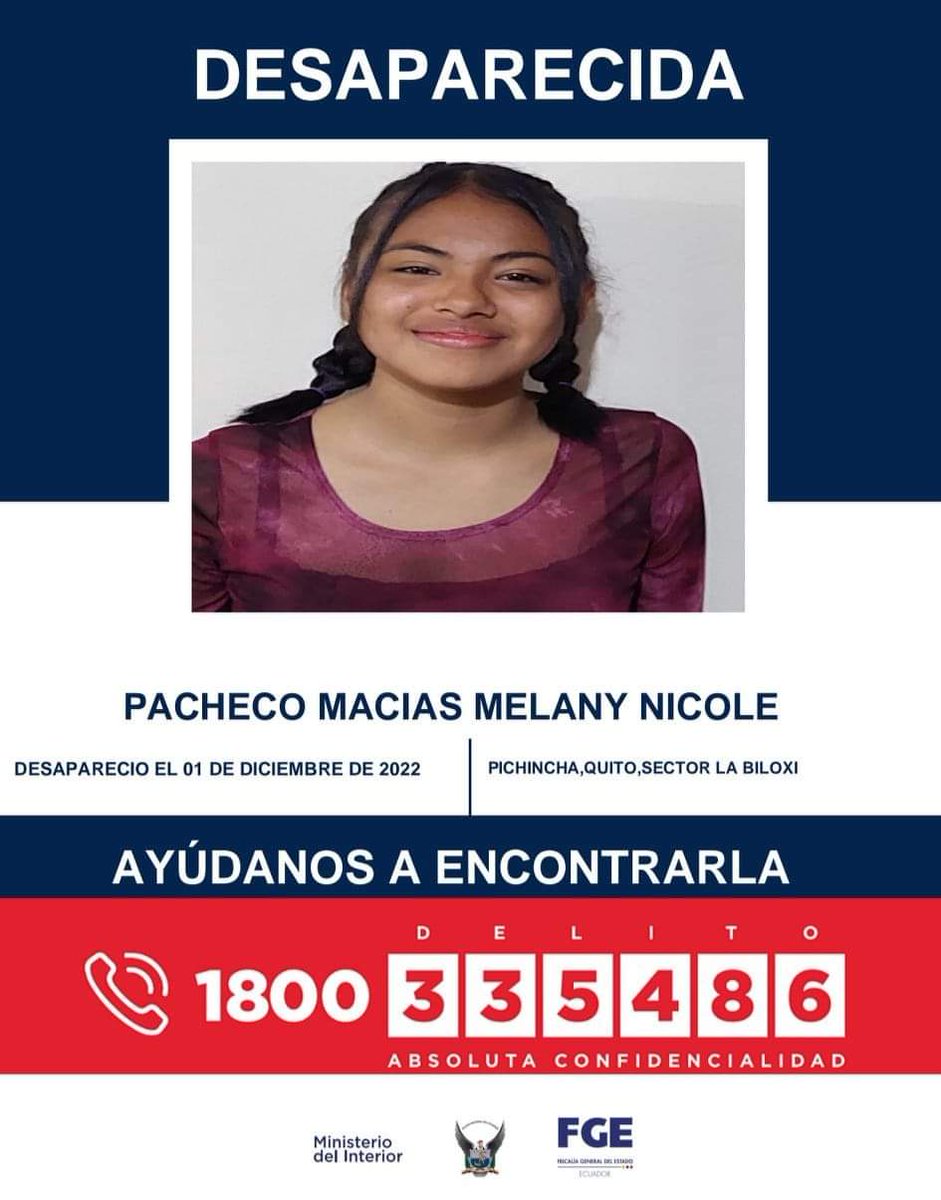 AsfadecEc's tweet photo. 📌 #ATENCION #DesaparecidasEcuador
MELANY PACHECO MACIAS tiene 15 años y desapareció el 01 de diciembre del 2022 por el sector La Biloxi en el sur de Quito, provincia de Pichincha. 
🗣️ Si crees haberla visto comunícate a: 0992872742 (Asfadec) O al ECU 911. https://t.co/F8FzMSxLSr
