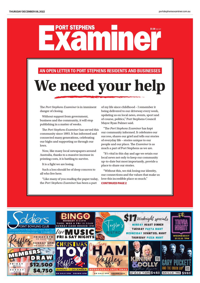 The cat is out of the bag. Please share. The Port Stephens Examiner is in imminent danger of closing.
Without support from government, business and the community, it will stop publishing in a matter of weeks.
#ACM #regionaljournalism