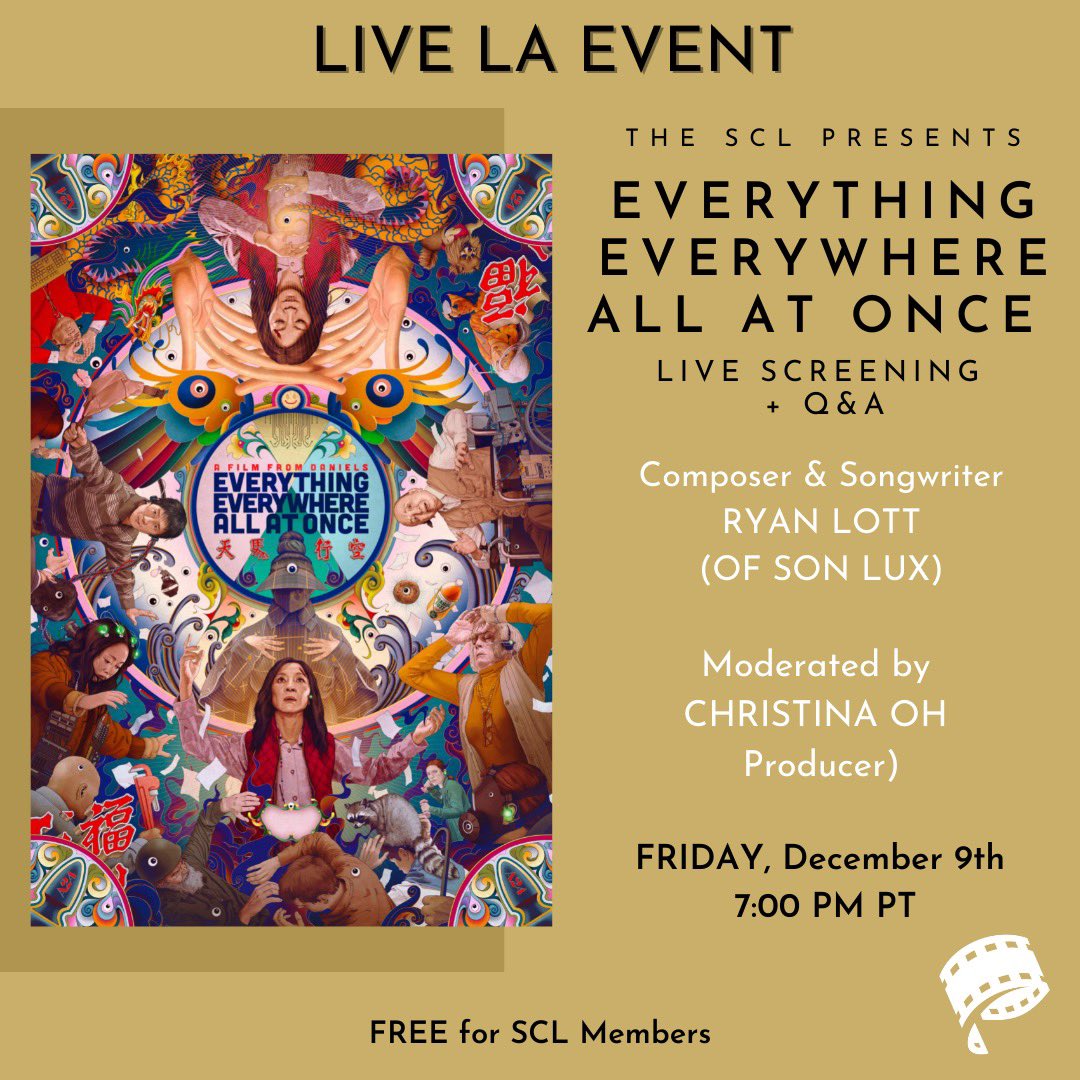 The_SCL's tweet photo. This Friday, we are thrilled to present a Live LA Screening of EVERYTHING EVERYWHERE ALL AT ONCE followed by a Composer & Songwriter RYAN LOTT (OF SON LUX), moderated by CHRISTINA OH.
#everythingeverywhereallatonce #ryanlott #filmscore #filmmusic #composers #thescl #sclscreening https://t.co/s8pedY1Rse