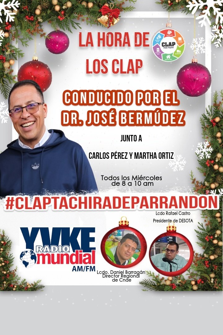 #Miercoles #07Diciembre Los invitamos a sintonízar "La Hora de los Clap" por la 94.5 FM <a href="/YvkeTachira/">Yvke Tachira</a>, tendremos como invitados al Lcdo. Daniel Barragán Director Regional de <a href="/CnaeTachira/">Cnae_tachira</a> y el Presidente de DESOTA <a href="/camarada_857/">Rafael Castro</a> Rafael Castro 
#ClapTachiraDeParrandon 
<a href="/FreddyBernal/">Freddy Bernal</a>