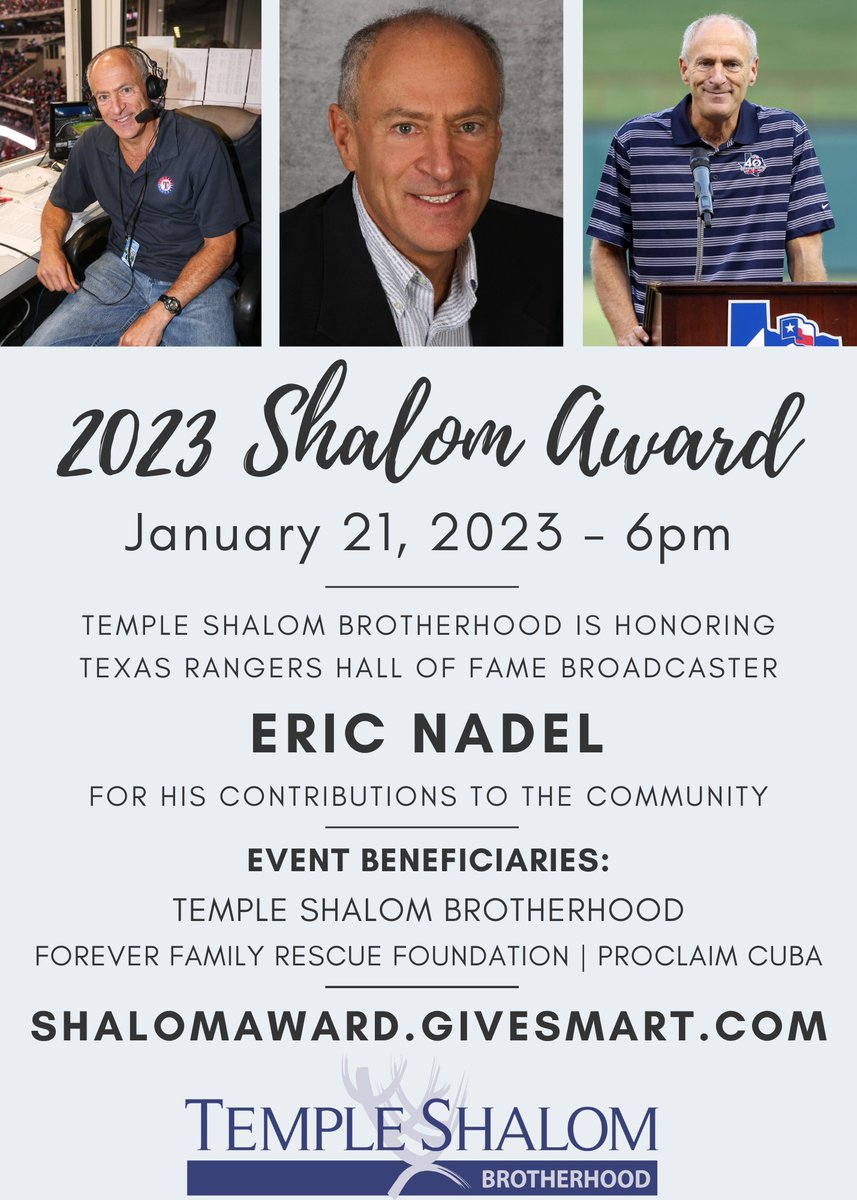 TSBrotherhood's tweet photo. Join us as we honor Eric Nadel (@nadeler) with our 15th Shalom Award on 1/21/23 for his dedication and service to our community. https://t.co/nxBExdcEhm

Honorary Chairs: @ideationstudio Carlos Alamino @Boys_Vox @JaredSandler @radiohicksie @coopmavs, @JoshBogorad @Evan_P_Grant https://t.co/RPbheJkXYZ