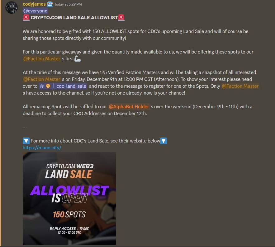 AlphabotSociety's tweet photo. 🚨LAND SALE ALLOWLIST GIVEAWAY🚨

We have 150 ALLOWLIST spots for @cryptocomnft 's upcoming Land Sale!

We will first offer these spots to our Faction Masters🤖

🟣Register in Discord🟣

🔽Details on the Land Sale🔽
https://t.co/FtE2N7YPbo

#TheFirstFrontierAllowlist #crofam #CRO https://t.co/I7IoijmPe7