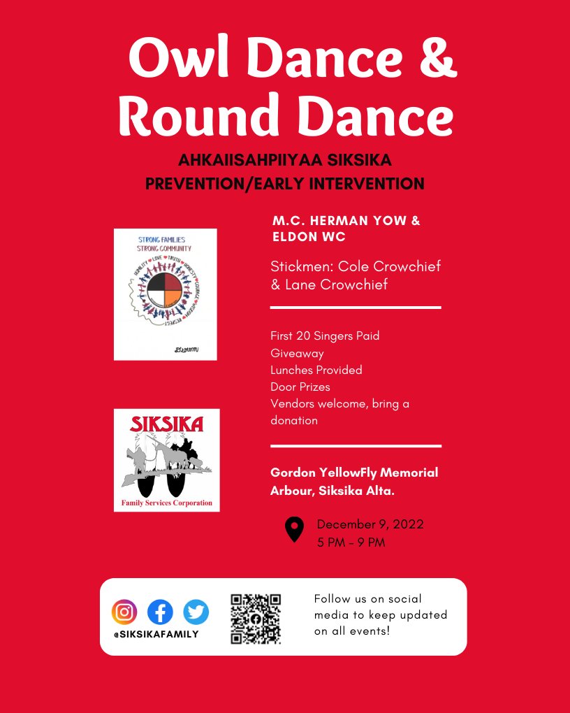 SiksikaFamily's tweet photo. Just a friendly reminder that AHKAIISAHPIIYAA  Siksika Prevention/Early Intervention will be hosting an Owl Dance this Friday at the Gordon Yellow Fly Memorial Arbour! #SiksikaFamilyService https://t.co/ShjsiFqPNa