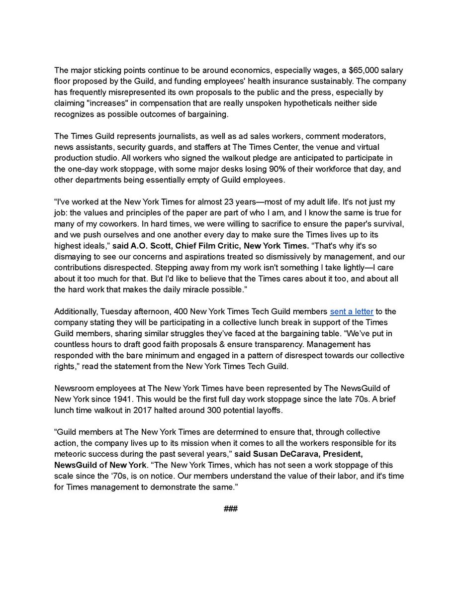 The <a href="/nytimes/">The New York Times</a> continues to refuse workers' demands and marathon bargaining, so <a href="/NYTimesGuild/">NYTimesGuild</a> is announcing further work stoppage details for Thursday, including a big rally day of at 1 PM ET outside of the Times office. nyguild.org/front-page-det…