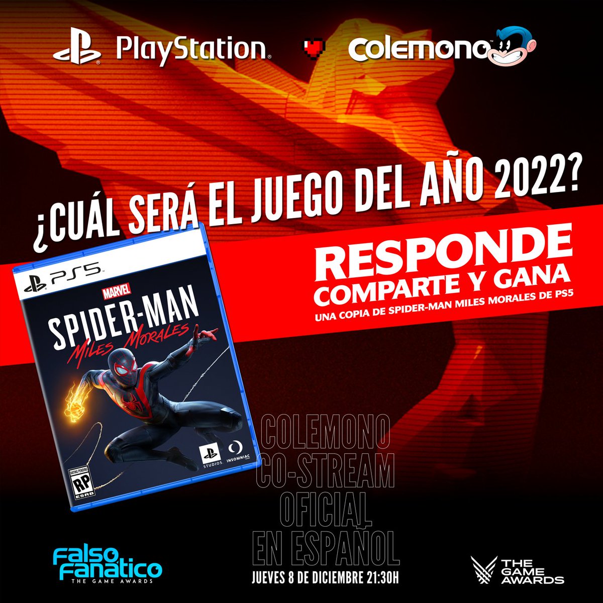 Cole_mono's tweet photo. Se viene The Game Awards 2022 y con @PlayStation_LA premiamos a nuestra comunidad, por eso sortearemos una copia de Miles Morales de PS5 respondiendo la siguiente pregunta:

¿Qué juego será el mejor del año en The Game Awards? 😱

Responde y comparte🤩

https://t.co/PEtojdFfyt https://t.co/l2PU7dUq6L