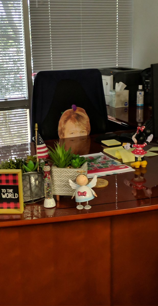 RaceFanCC's tweet photo. My supervisor keeps saying .@jonbonjovi is staring at her from afar. So I moved him to her chair today while she was working from home. 😈🤣 https://t.co/nGh87ruby4