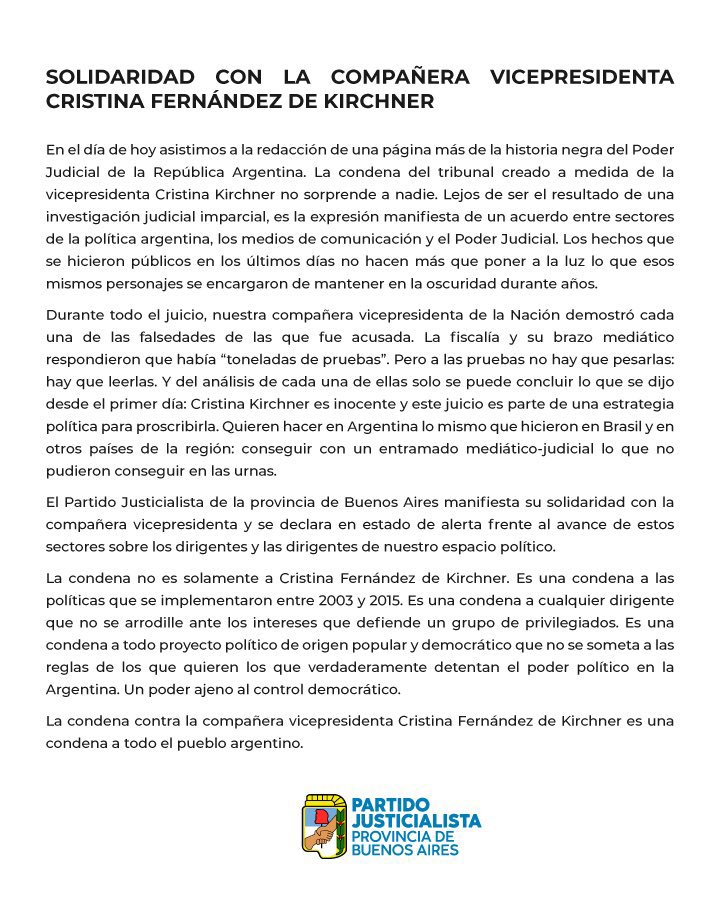 PJChivilcoy's tweet photo. Comunicado del Partido Justicialista de la PBA. 

#TodosConElla
@cotyalonso https://t.co/nkcc3OKElj