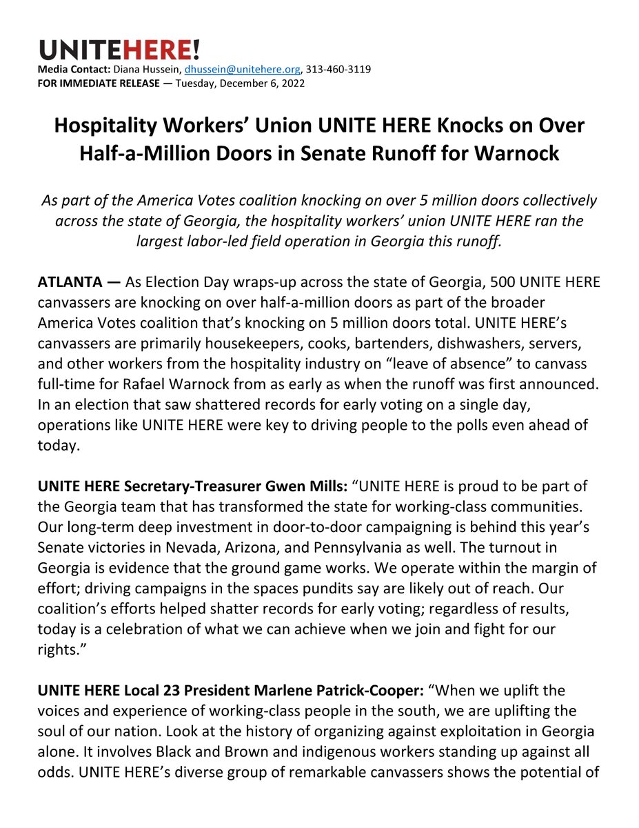 unitehere's tweet photo. 📢 FOR IMMEDIATE RELEASE 📢

Hospitality Workers’ Union UNITE HERE Knocks on Over Half-a-Million Doors in Senate Runoff for Warnock

As part of America Votes coalition knocking on over 5 million doors across GA, UNITE HERE ran the largest labor-led field operation in this runoff https://t.co/3ziQncgraQ