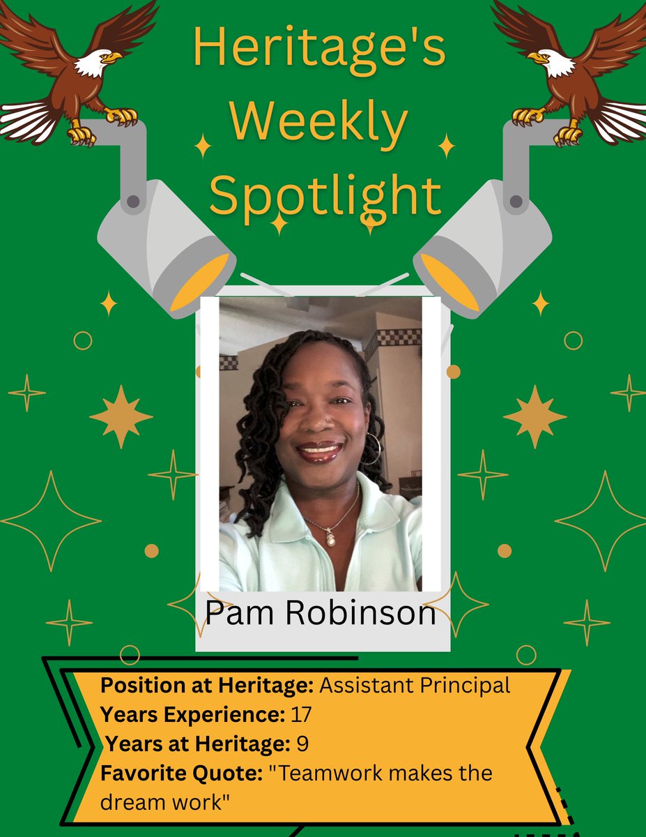 hmseaglesFL's tweet photo. This week's HMS Spotlight is our AMAZING &amp; WONDEFUL 8th Grade Assistant Principal Pam Robinson. Mrs. Robinson helps keep our campus safe and secure, leads our 8th grade house, &amp; supports our teachers when needed. Thank you Mrs. Robinson for all you do for Heritage Middle School. https://t.co/2YL2bbqJdu