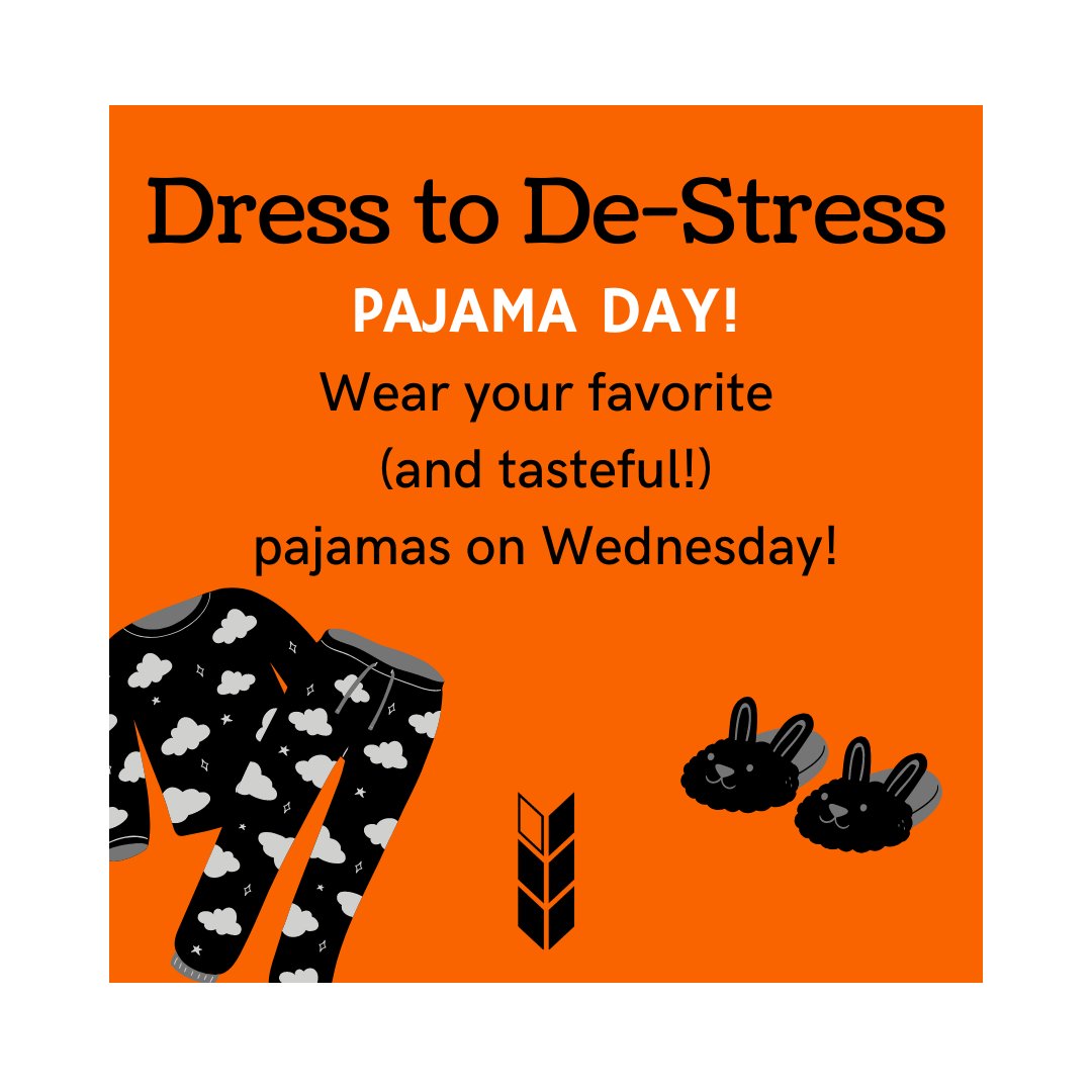 sovnationcenter's tweet photo. Happy "Dess to De-Stress" week! Make sure to lay out your pajamas for tomorrow and swing by 105 LSE to show off your lounge attire as you de-stress from projects and studying. Check out the themed days for the rest of the week, and come see us! #DressToDeStress #PreFinalsWeek https://t.co/2MEPUpSubr