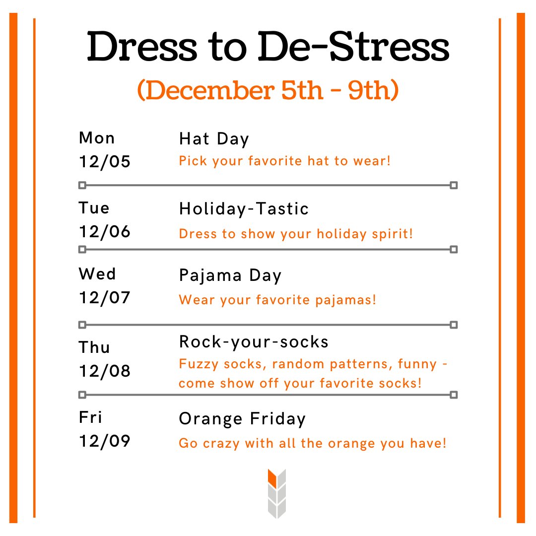 sovnationcenter's tweet photo. Happy "Dess to De-Stress" week! Make sure to lay out your pajamas for tomorrow and swing by 105 LSE to show off your lounge attire as you de-stress from projects and studying. Check out the themed days for the rest of the week, and come see us! #DressToDeStress #PreFinalsWeek https://t.co/2MEPUpSubr