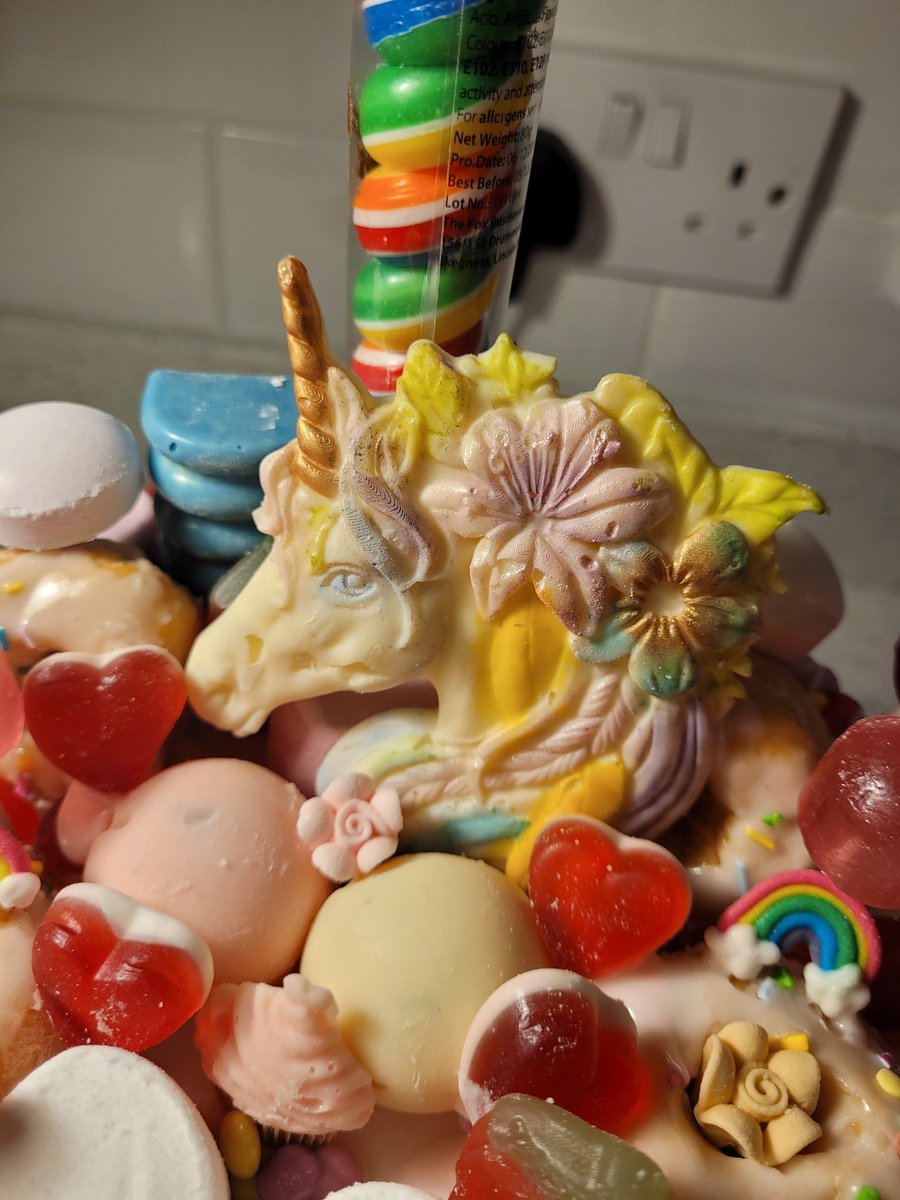 NHarrisonArt's tweet photo. When your 7 year old granddaughter asks for a drippy cake with lots of goodies on. #Ivytheferalprincess #birthdaycake #cake #baker #cake #treats #bakingcop https://t.co/6zpQQMd95f