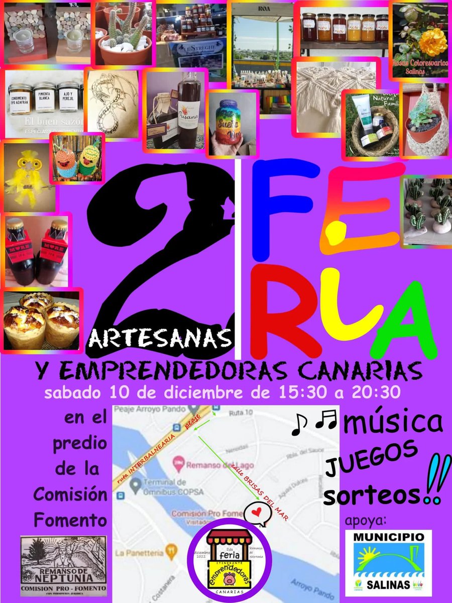 CanariasFa's tweet photo. 2da feria de artesanas y emprendedoras💜
Este sábado 10 de diciembre en el predio de la comisión fomento del Remanso de Neptunia desde las 15:30 hs hasta las 20:30 hs. 

Una feria para todxs. 

Apoya: Municipio de Salinas https://t.co/rb81frzmbs