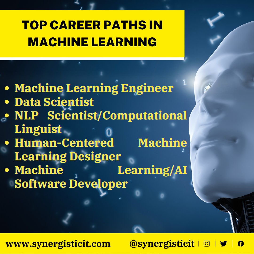 Top Career Paths in Machine Learning
•Machine Learning Engineer
•Data Scientist
•NLP Scientist/Computational Linguist
•Human-Centered Machine Learning Designer
•Machine Learning/AI Software Developer
For more, info: bit.ly/3Ik4Jaw
#CareerinMachineLearning
#jobs