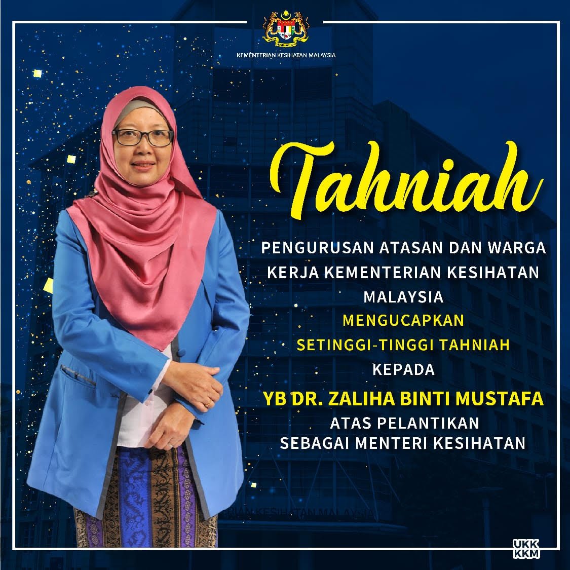 Setinggi- tinggi ucapan tahniah kepada YB Dr. @Zaliha_DrZ  atas pelantikan sebagai Menteri Kesihatan.

Semoga dengan kepimpinan beliau Kementerian Kesihatan Malaysia akan terus memacu kecemerlangan dalam menyediakan perkhidmatan kesihatan kepada rakyat.