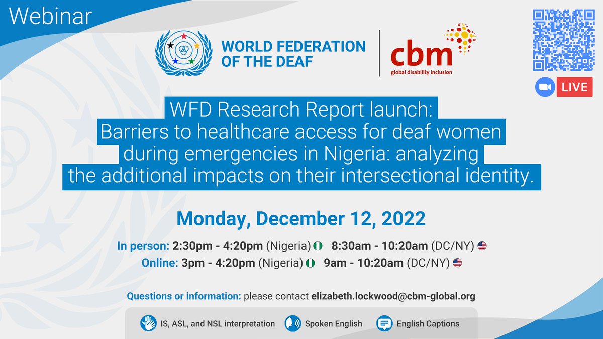 World Federation of the Deaf (@wfdeaf_org) on Twitter photo WFD and <a href="/CBM_Global/">CBM Global Disability Inclusion</a> will launch a new report titled “Barriers to healthcare access for deaf women during emergencies in Nigeria🇳🇬: analyzing the additional impacts on their intersectional identity” on 1️⃣2️⃣ December.
Registration➡️
lnkd.in/ewKbZYhd WFD and <a href="/CBM_Global/">CBM Global Disability Inclusion</a> will launch a new report titled “Barriers to healthcare access for deaf women during emergencies in Nigeria🇳🇬: analyzing the additional impacts on their intersectional identity” on 1️⃣2️⃣ December.
Registration➡️
lnkd.in/ewKbZYhd