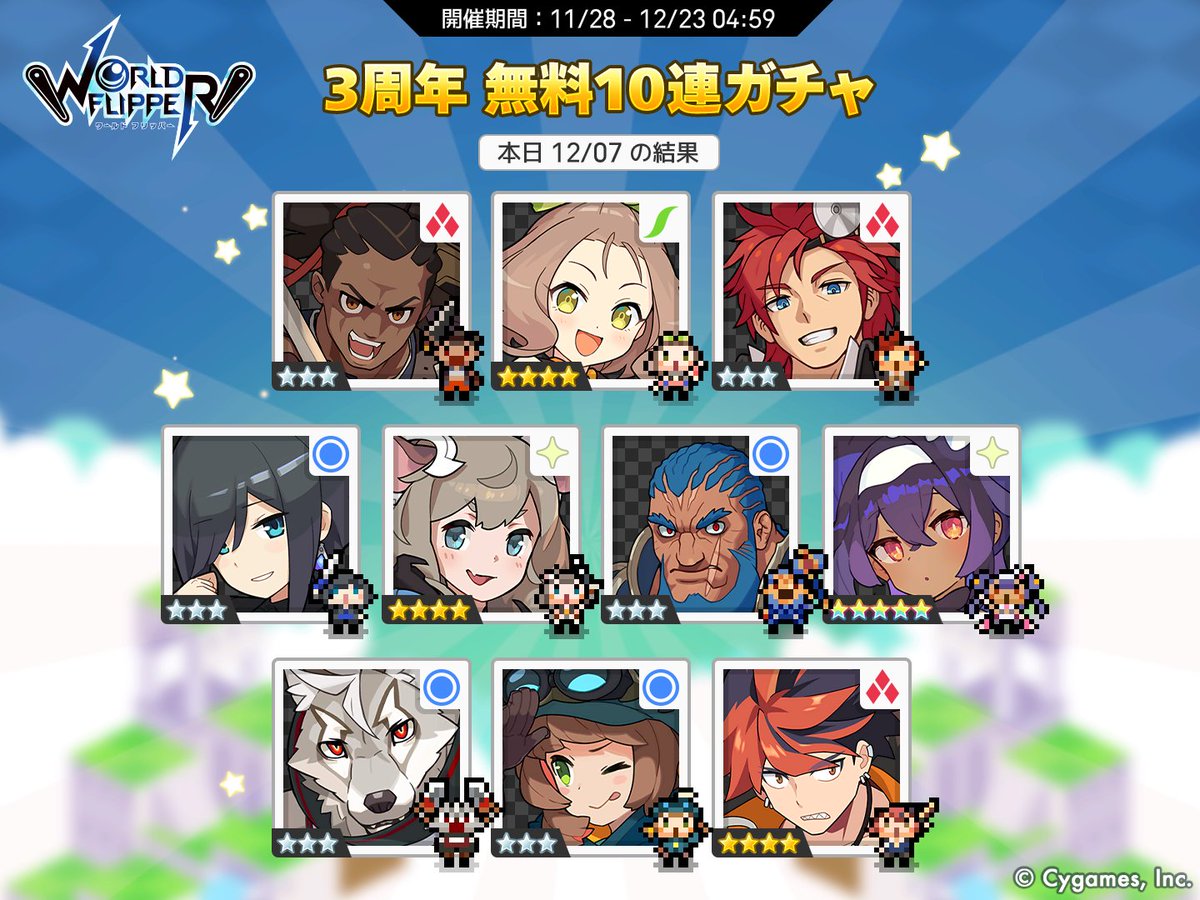 Panda9025's tweet photo. ワールドフリッパー3周年！
1日1回無料10連ガチャ実施中！
ガチャ結果をTwitterでシェアして毎日10名様に「10回ガチャチケット×1」当たる！詳細はお知らせをチェック！

本日の結果はこちら
#ワーフリ　#ワーフリ無料10連　#祝ワーフリ3周年 https://t.co/Vmhys8mk5V