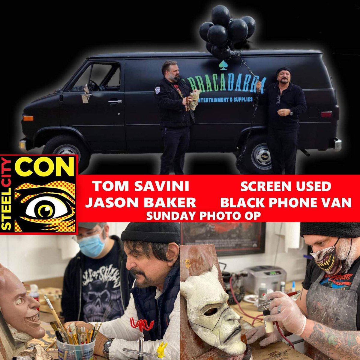 Announcement! @THETomSavini and I will be doing a photo op this Sunday at @Steelcitycon with the screen used “Grabber”van from THE BLACK PHONE. Hope to see you there.