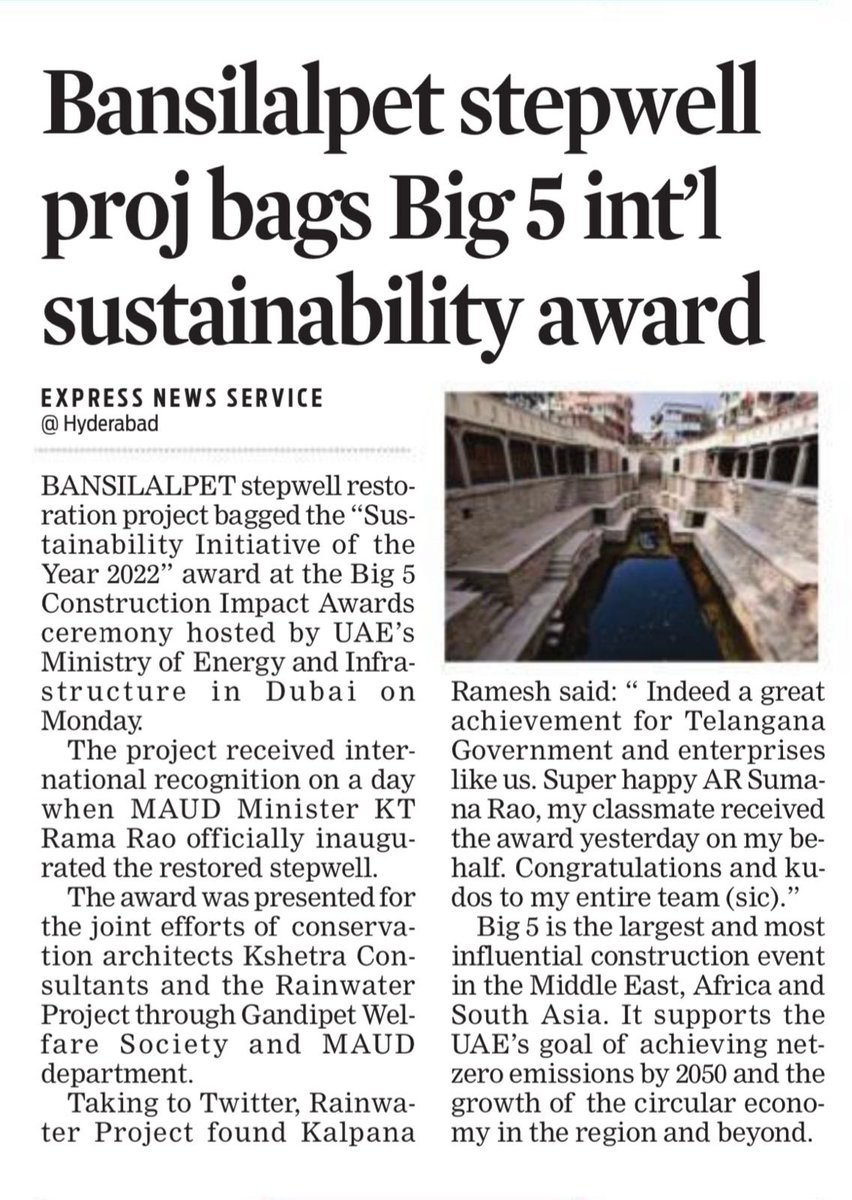 Bansilalpet stepwell restoration project bagged the Sustainability Initiative of the year 2022 award at the Big 5 Construction Impact Awards ceremony hosted by UAE’s ministry of energy and infrastructure in Dubai