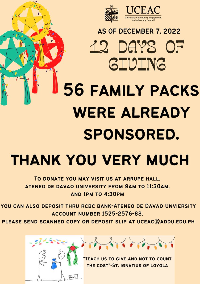 A day after we launched the 12 days of giving, 56 family packs have already been sponsored as of today, December 7, 2022.
Thank you very much to the sponsors of our family packs. 
#12DaysofGiving