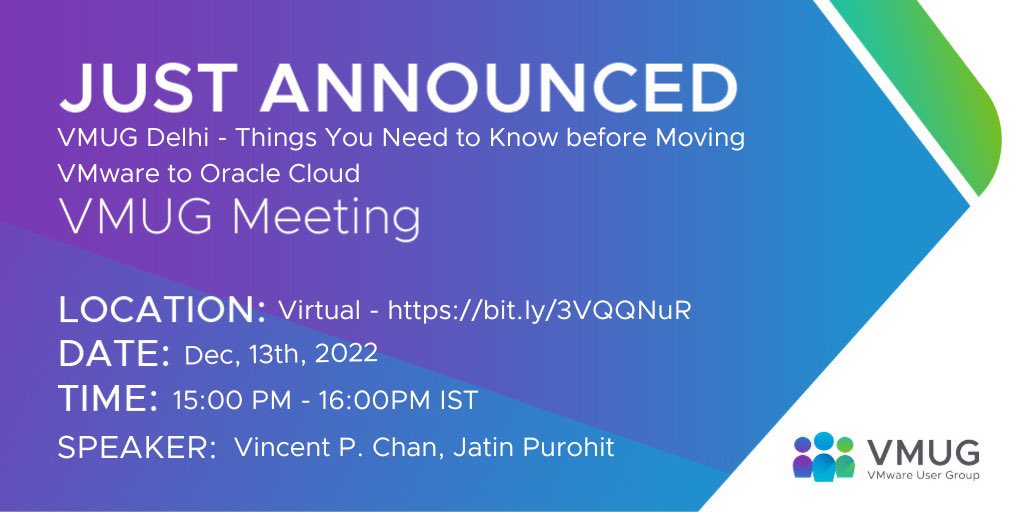 Dear All, Registration link for our next VMUG Delhi Virtual Meeting is live now. This is taking place on 13th December between 3-4PM IST.

Reserve your seat now!

<a href="/ankibindal3/">Ankit Bindal</a> <a href="/jatinpurohit92/">Jatin Purohit</a> <a href="/raminder01/">Ram</a> <a href="/vmug_delhi/">VMUG DELHI</a> <a href="/OracleCloud/">Oracle Cloud</a> <a href="/MyVMUG/">VMware User Group</a> 

Register here:

bit.ly/3VQQNuR