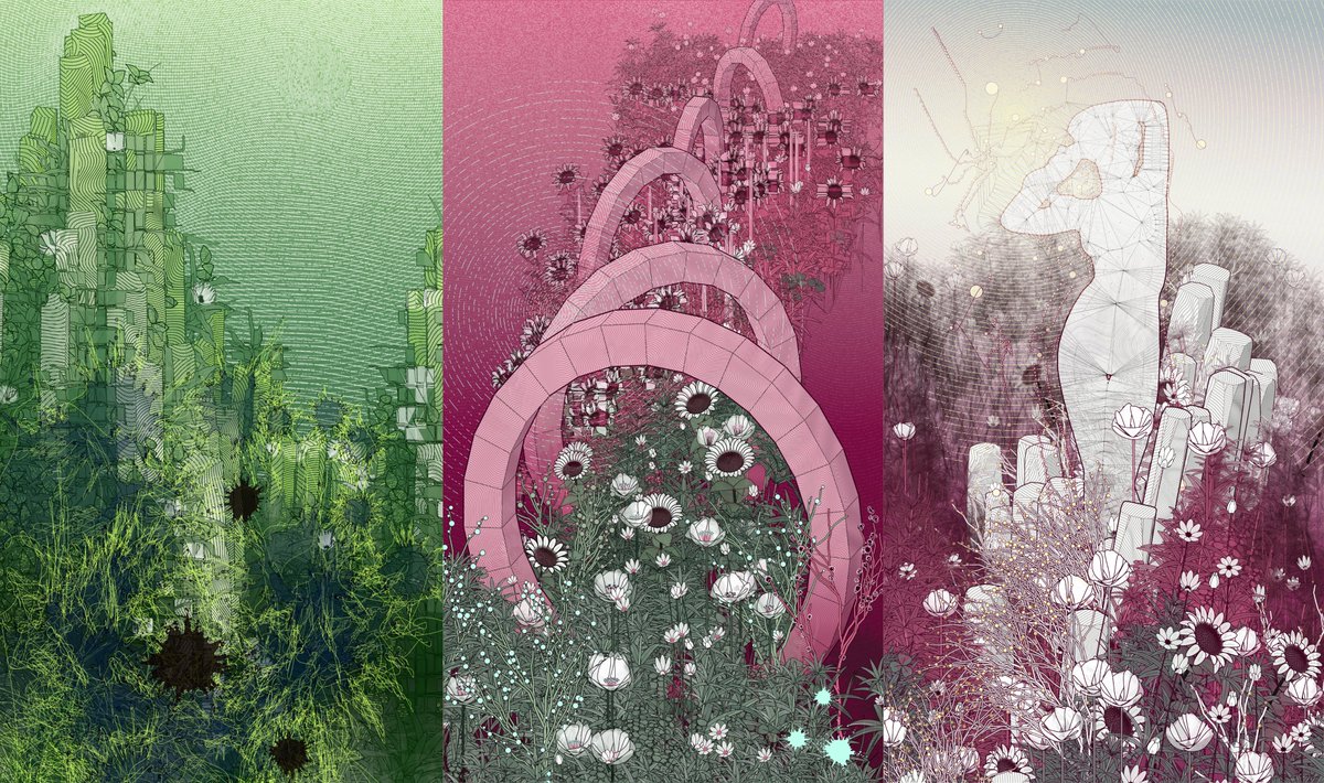 zancan's tweet image. Here's a triptych of the 3 generative artworks that I've created last month, for different purposes although I've tried to give them a bond, partly with a matching aspect ratio (16/9 format in portrait) and by minting them on the same smart contract. 
👇