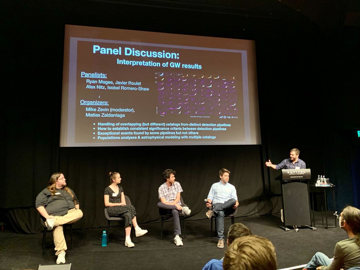 Second panel discussion for the day with Ryan Magee, Javier Roulet, Isobel Romero-Shaw (<a href="/astrobel_rs/">✨ Dr Mayoress Isobel Romero-Shaw ✨</a>) and Alex Nitz (<a href="/alexandernitz/">Alex Nitz</a>) on the interpretation of gravitational-wave results.

#GWPAW22