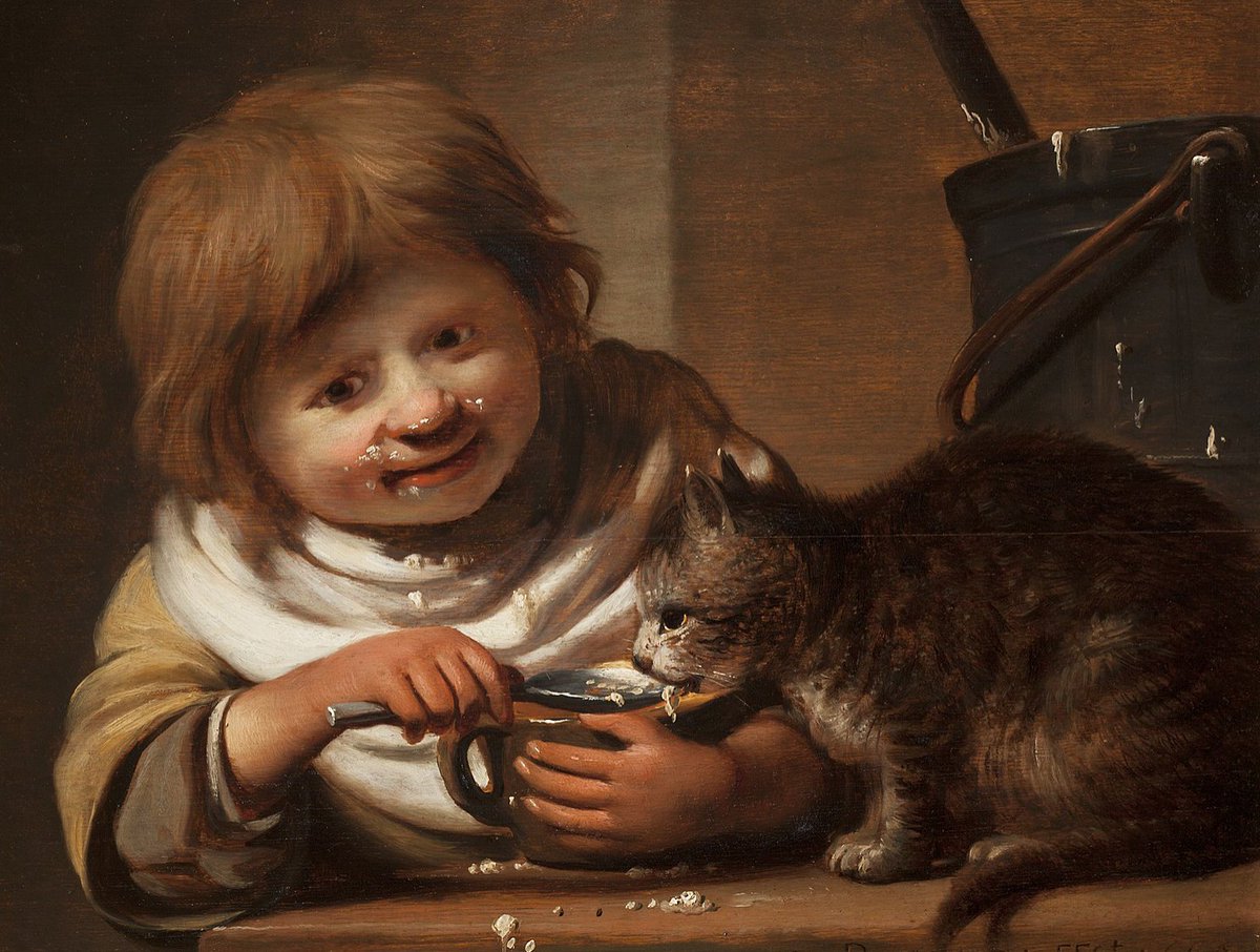 EggleBagel's tweet photo. Cornelis Bisschop, Boy Feeding His Cat, 1660, Oil on panel https://t.co/2804Ky3aHK