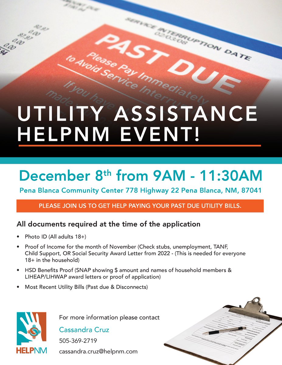 HELPNM's tweet photo. Do you live in Peña Blanca and need help paying your past  due utility bills? Join us on Dec. 8th fro 9-11:30 AM at the Peña Blanca Community Center. Please note the required documents needed to process your application. https://t.co/YtUlbx4ILB