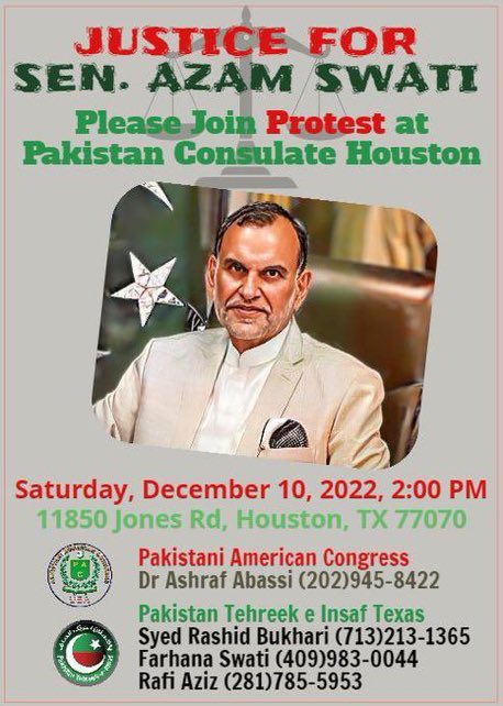 American Pakistanis please join this protest for Azam Swati !! 
Saturday December 10th,2022, 2:00pm
#justiceforazamswati