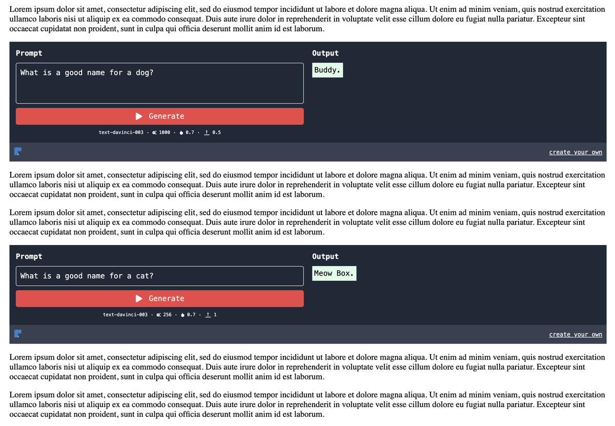 TryDyno's tweet photo. Looking to embed an intractable OpenAI Playground in your own pages? Check out Dyno Embeds 👉 https://t.co/R6HjuOMN0h

#GPT3 #gptchat #OpenAI #playground https://t.co/rsInCLkPR2