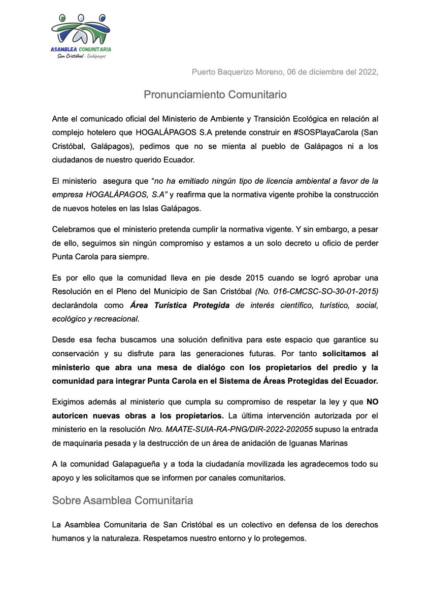 Pronunciamiento Comunitario
#SOSPlayaCarola #SOSGalápagos #Galápagos
<a href="/Ambiente_Ec/">ambiente_ec</a> <a href="/TurismoEc/">Viceministerio de Turismo Ecuador 🇪🇨</a> <a href="/parquegalapagos/">Parque Galápagos</a>
 <a href="/CGGalapagos/">Gobierno Galápagos</a> <a href="/LassoGuillermo/">Guillermo Lasso</a>