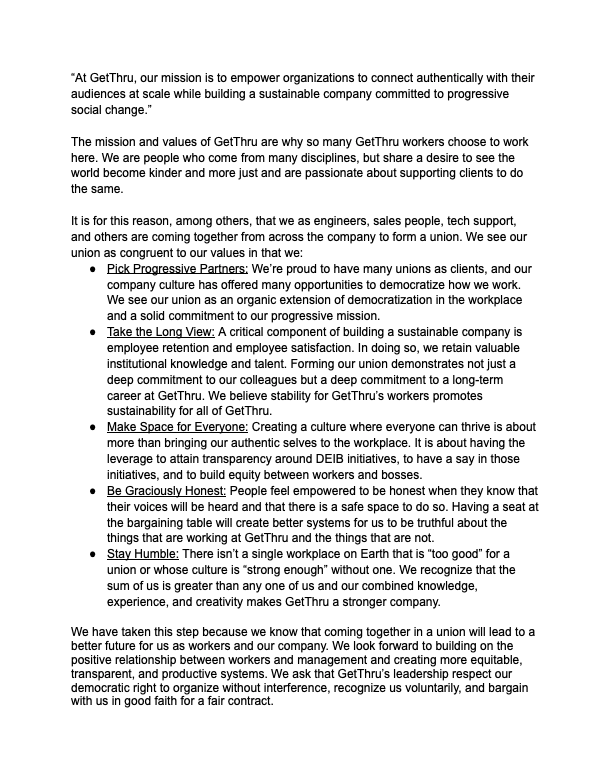 We're proud to announce the formation of GetThru Workers United! In line with our company's mission of enacting progressive social change, we're excited to build our future together &amp; join the growing movement of unionized tech workers. Mission statement 👇