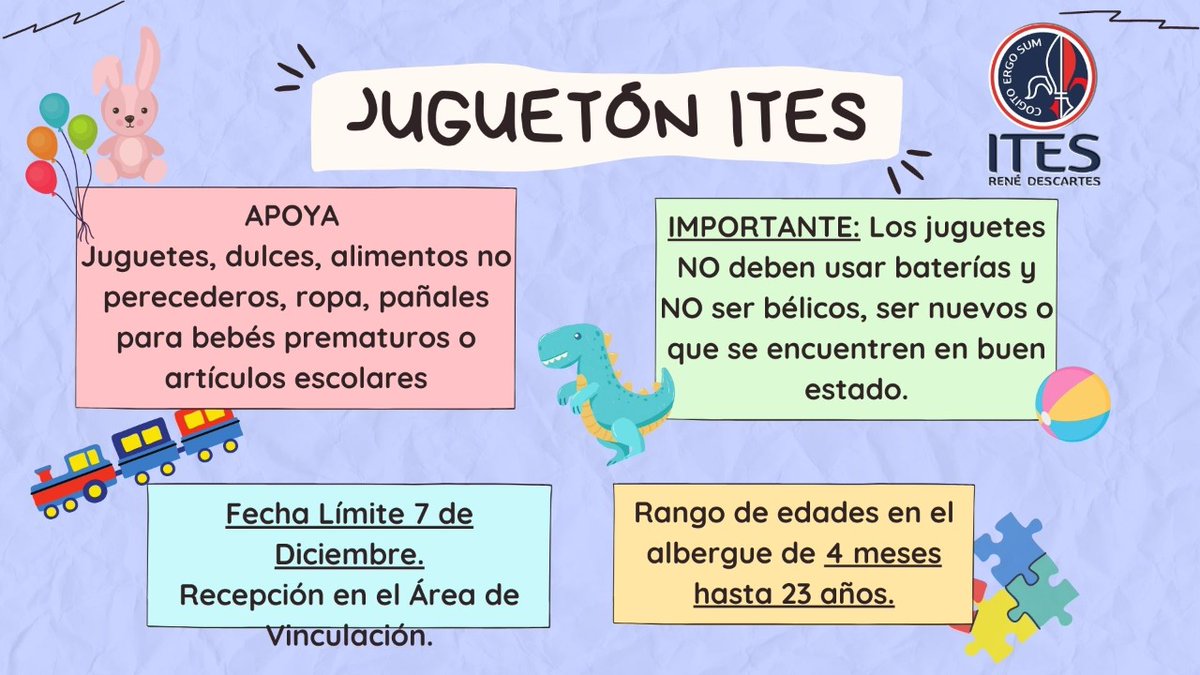 itesrene's tweet photo. 🧩🎲Juguetón ITES🎲🧩 Muchas gracias a todas las personas que siguen contribuyendo🫶✨
Les recordamos que mañana es último día de recepción 🙏🎁🧸 https://t.co/iqKQXJUJeJ