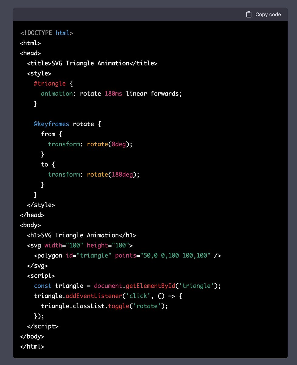 vincent_hardy's tweet photo. Had to try what #GPTChat could do for some SVG coding. Apart from a minor bug, the code looks good and the explanation that come with it pretty impressive. #svg https://t.co/1j96ALgaEc
