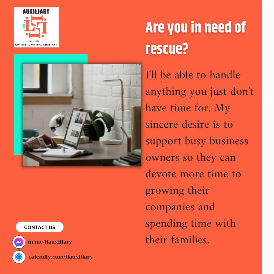 LLauxiliary's tweet photo. Are you in need of rescue?
Because of all the 👩‍💻 administrative responsibilities, are you managing a business yet falling behind on your to-do list 📉📋

#llauxiliary #llauxiliaryva #theoptimisticva #llauxiliaryvaservices #llauxiliaryvirtualassistant #entrepreneur https://t.co/Vgc9dka8HY