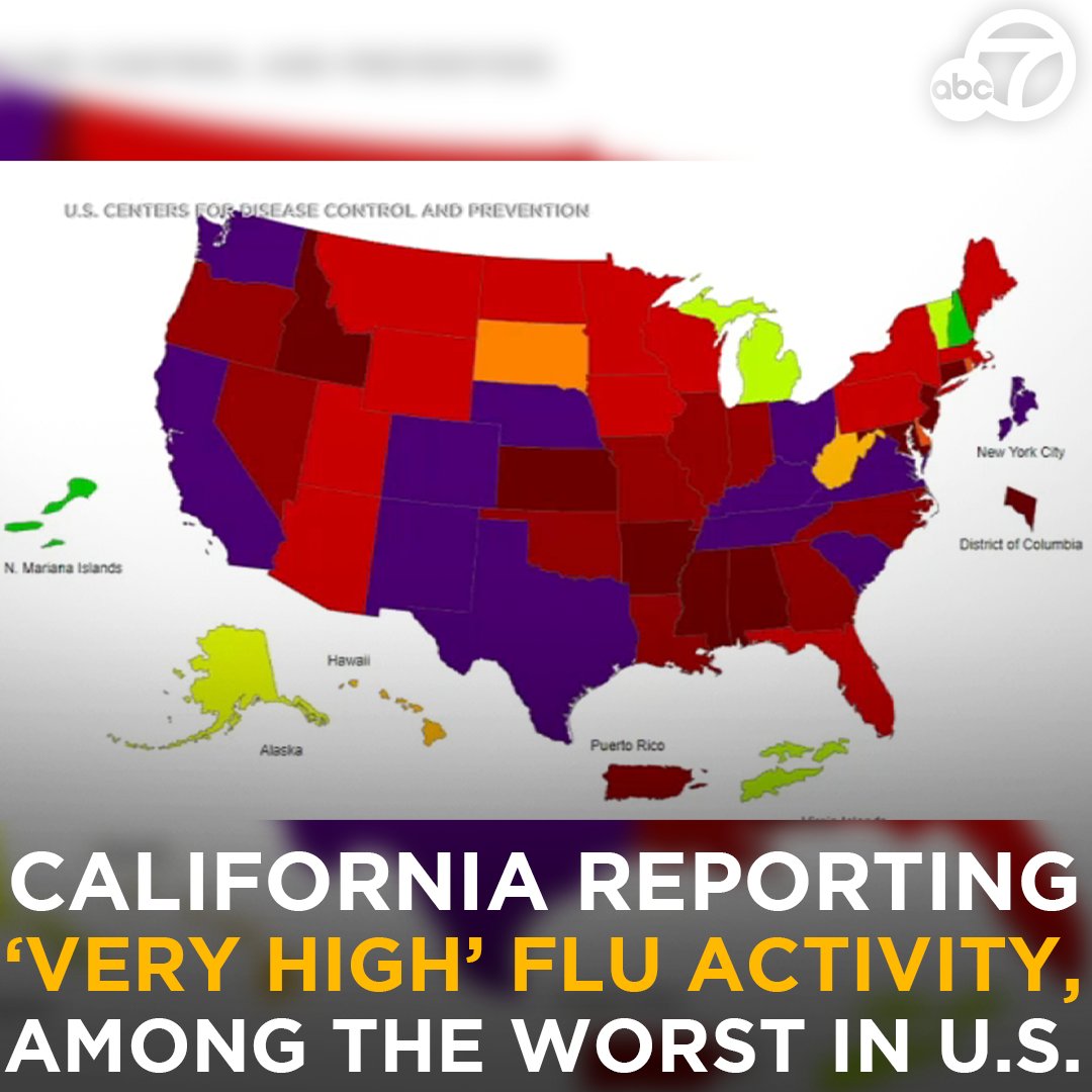 California is now reporting what the Centers for Disease Control and Prevention describes as "very high" flu levels as cases surge nationwide. A map released by the CDC shows California and 10 other states in the top "very high" category. 😷 abc7.la/3UBNUfY