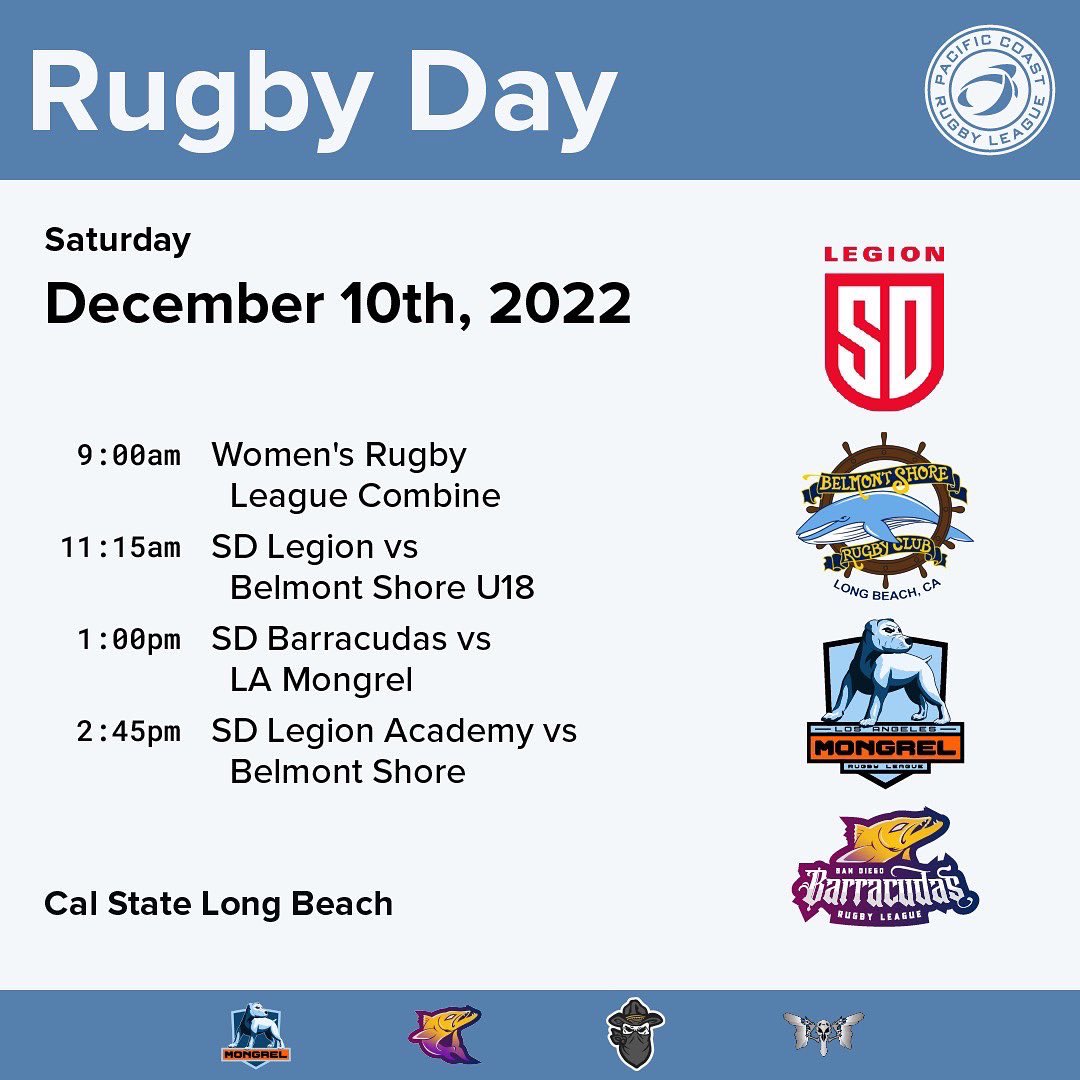 PacificCoastRL's tweet photo. Announcement:

@sdlegion have agreed to collaborate on our December 10th event and will hold two games against @BelmontShoreRFC alongside our women’s combine and  the much anticipated @la_mongrel v @SD_Barracudas game. Full schedule is available on the second slide! https://t.co/xEgLVLilXZ
