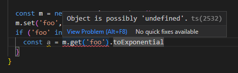 omgimanerd's tweet photo. @stayfun_ Unsurprisingly though, it's incorrect in this case. In the first example, the typescript compiler actually isn't smart enough for this:

const a = m.get('foo') will still be type number | undefined https://t.co/MEPLSjHxpk