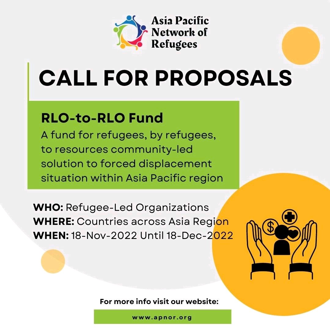 NibrasRahbe's tweet photo. Calls for Proposals #funds for and by #Refugees
Excited to announce the launch of Asia Pacific Network of Refugees #APNOR Refugee Leadership Alliance RLO -to- RLO Fund for refugee led organization and initiatives in the Asia Pacific region.
https://t.co/UogveZwX8P https://t.co/ri4TOjxXZT