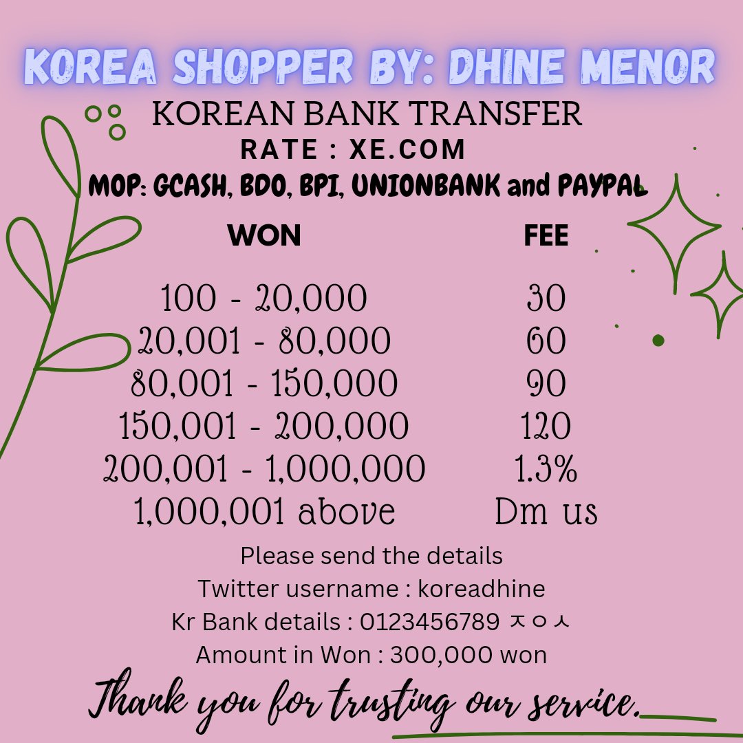 KOREAN BANK TRANSFER SERVICE DEC 7, 2022 Rate for php to won  https://t.co/UML0fZFgD5 Rate as of 9:12 am 1,000 won = 42.1 php MOP: Gcash,  UB, BPI,BDO & METROBANK Rate for usd